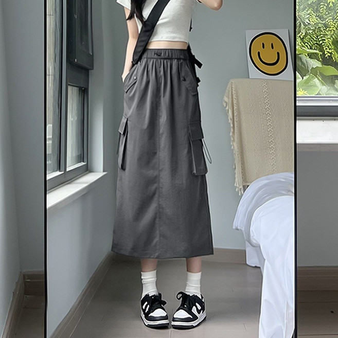 【OniWear】新款高腰美式工裝裙 a字顯瘦 百搭 中長 半身裙