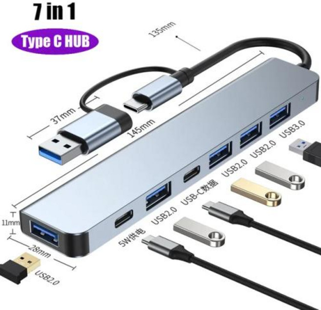 맥북 프로용 USB C 허브 USB 분배기 7 in 1 USB 확장기 멀티 포트 USB 어댑터 5 USB 포트 1 USB-C 60W PD 충전 포트, 1) 7 in1 Hub USB A C, 01 7 in1 Hub USB A C
