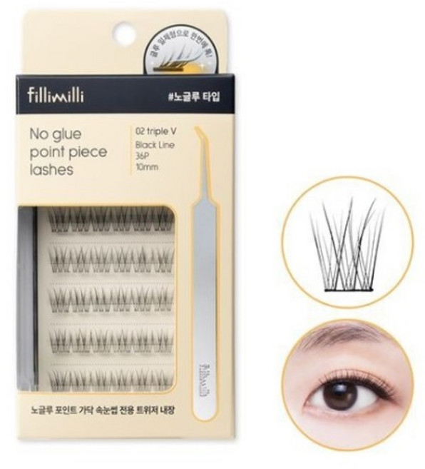 필리밀리 노글루 포인트 가닥 속눈썹 02 트리플V (10mm) (36P)(+트위저 증정), 1개, 블랙