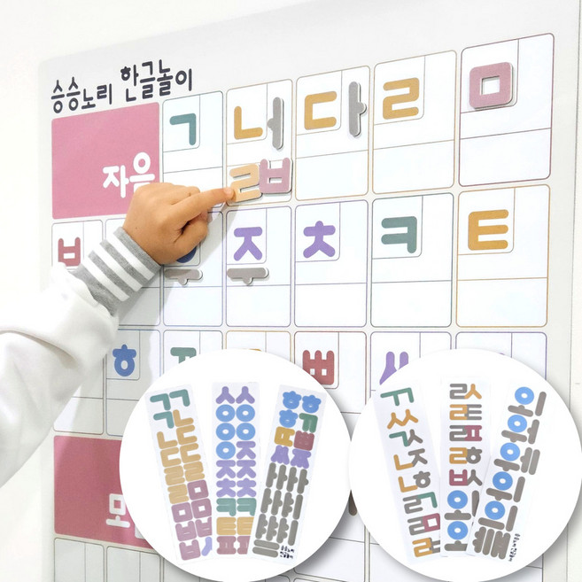 [승승노리] 유아 한글벽보 자석글자 58pcs SET 국산 아기 공부 포스터, 벽보 1개 + 단품자석 1개 + 겹받침자석 1개