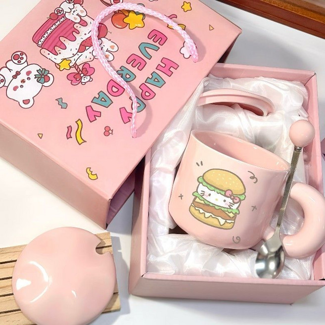 馬克杯 附蓋 陶瓷杯 生日禮物 送女生 男朋友 實用高顏值, 1個, 漢堡包貓【高檔可愛禮品套裝】