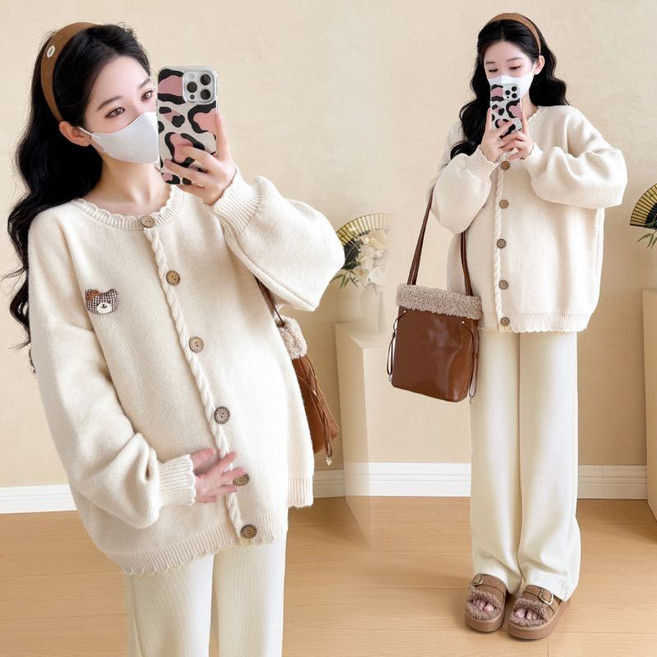 봄 임산부 외출복 빅사이즈 라운드넥 임산부 니트 루즈핏 임부 가디건 캐주얼 임부복 긴소매 상의 YSQ