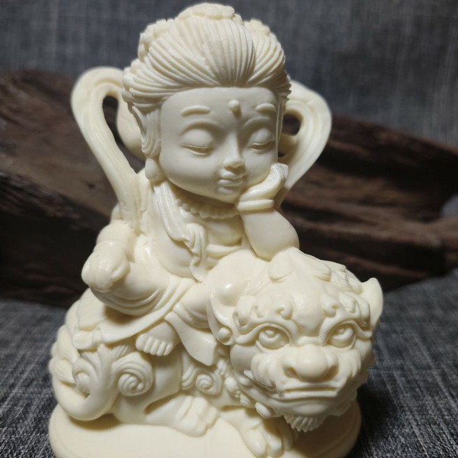 貝貝 Q版象牙果西方三聖 文殊普賢菩薩佛像擺件 禪意小沙彌擺飾 蓮花臺擺件, Q版文殊 高10*寬6cm