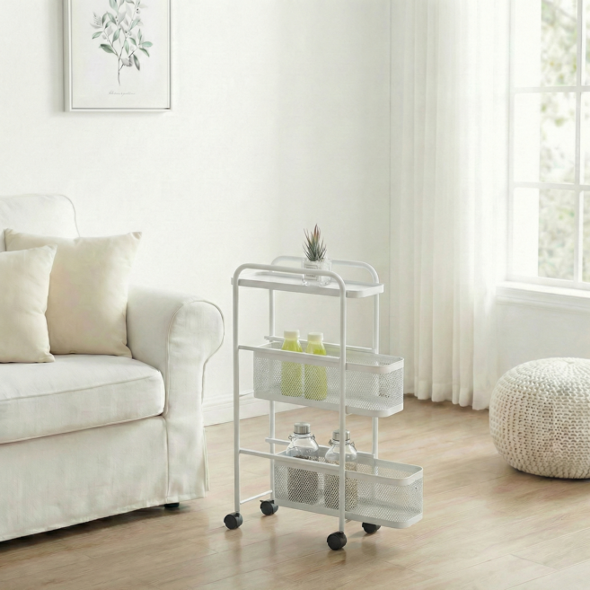 리빙코아 이동식 철제 틈새 슬라이드 트롤리 수납 선반 다용도, 화이트, 2단