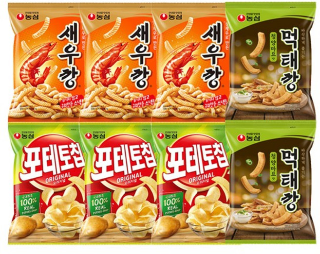 새우깡 90g x 3봉 + 포테토칩 60g x 3봉 + 먹태깡 60g x 2봉, 새우깡 3봉 + 포테토칩 3봉 + 먹태깡 2봉, 1개