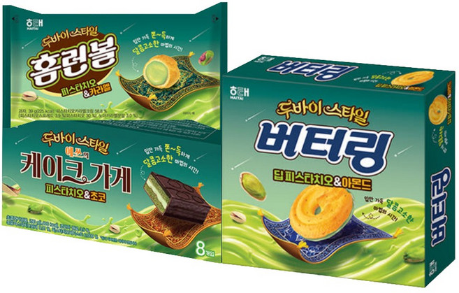 해태 버터링 딥피스타치오&아몬드+홈런볼 피스타치오&카라멜+예스의케이크가게 피스타치오&초코 혼합, 1개, 155g