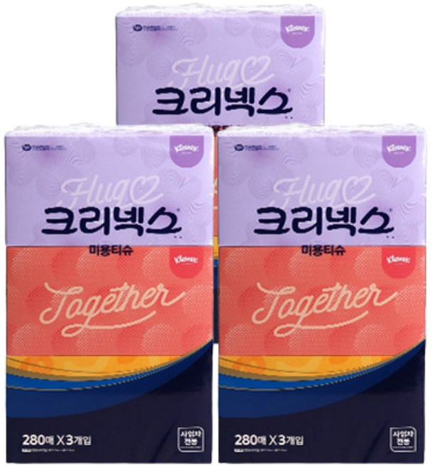 100% 천연펄프 크리넥스 미용티슈 280매 총9곽 콤비 3입 x 3팩 무색 무향 각티슈