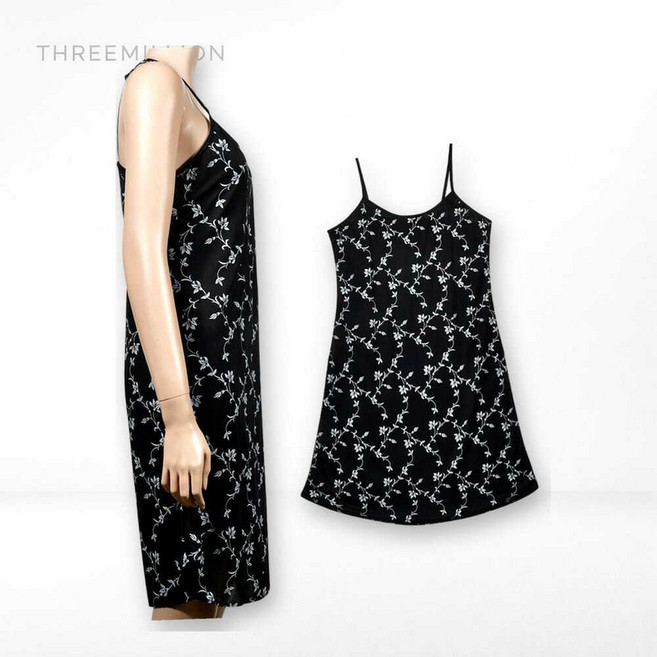 플라워 패턴 풍기인견 끈조절 여성 나염 슬립 롱 원피스 잠옷 나염슬립 민소매슬립 블랙슬립