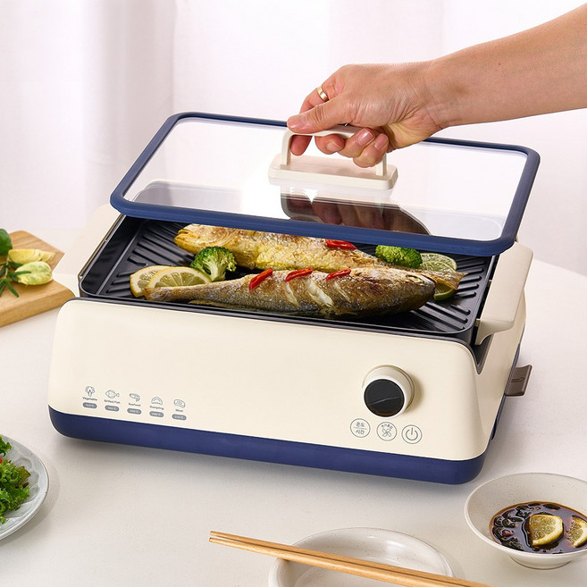 연기 안나는 고기불판 전기그릴 세라믹코팅 실리콘 유리뚜껑 가정용 그릴팬 화로 휴대용 캠핑 전용가방, 실내 전기그릴