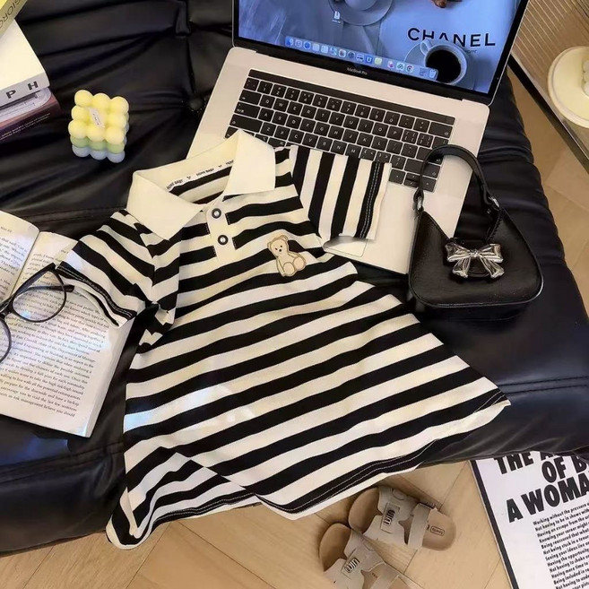 HONEY BABY 條紋草莓/泰迪熊刺繡女童POLO領連身裙