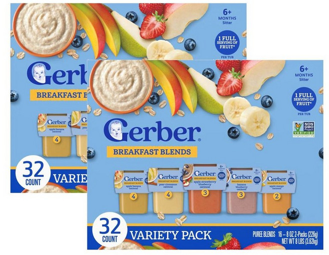 Gerber 거버 2단계 브랙퍼스트 블렌드 32p 버라이어티팩 3.62kg, 2개, 사과 바나나 딸기 블루베리 망고