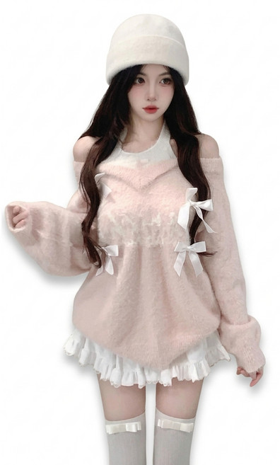 스웨터 여성 니트 직선 리본 칼라 첨부 푹신푹신 샤기 양산형 지뢰계 한국 패션 탑스 오픈 숄더 세일러 컬러 모코모코 느긋하게 긴팔