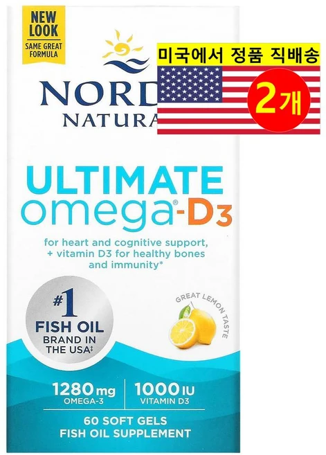 Nordic Naturals 노르딕 네추럴스 얼티메이트 오메가 D3 640mg 레몬향 60정, 2개 - 쿠팡