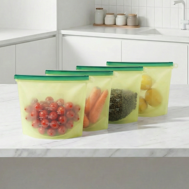 실리콘 지퍼백 재사용가능 푸드백 냉장고정리 용기 4개입, 그린, 1000ml, 1세트, 실리콘백