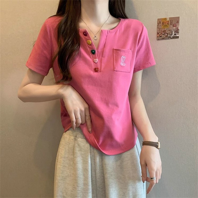 프리미엄 버튼넥 반팔티 헨리넥 여름 여성 루즈핏 캐주얼 데일리 편안한 베이직 시원한 티셔츠 상의