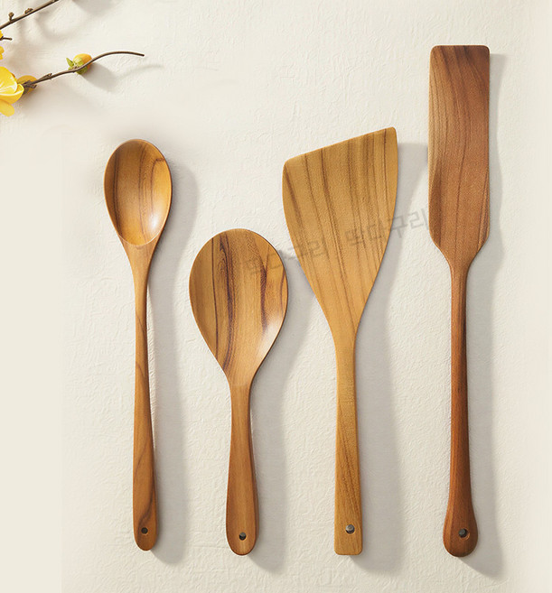 딱다구리 티크나무 조리도구 4종세트, 1세트, 우드, B- 주걱+볶음스푼+사선뒤집개+사각뒤집개