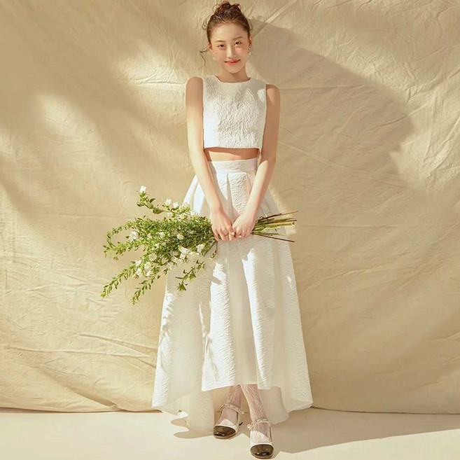 웨딩 스냅 드레스 스몰웨딩 약혼 리마인드 돌잔치 투피스 2부 피로연, 화이트