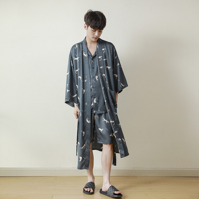 Clybo 22 봄·여름 남성용 잠옷 레오파드 프린트 여성 실크 자카드 근리빙사 롱잠옷