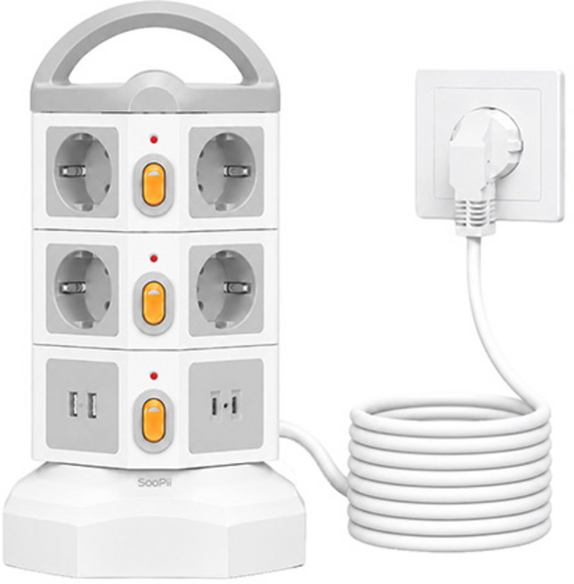 5위 - Soopii 4000W고용량 10구 USB 멀티탭 배선차단 캠핑 타워 안전 멀티콘센트 5M TPS10, 1개