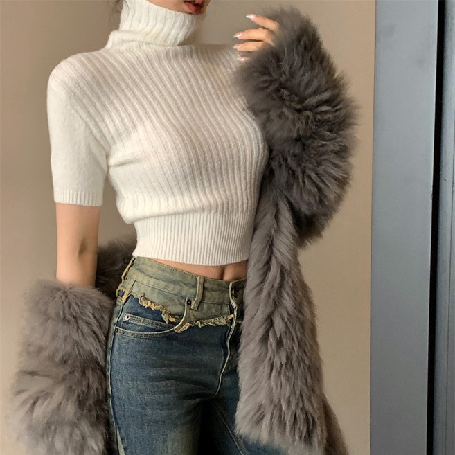 쪼예 데일리 여리핏 슬림핏 골지 크롭 반팔 폴라 니트티 이너탑