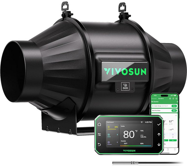 VIVOSUN T6 6인치 인라인 덕트 팬 및 온도 습도 조절기 E42A WiFi 앱 컨트롤 에어로제쉬 성장 텐트 스마트 난방 냉방용 408 CFM EC 모터 배기 온실 액세서, 6" Basic
