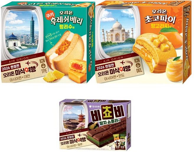 오리온 에어오리온 아시아편 3종 세트 망고라씨 후레쉬베리 펭리수 비쵸비 말차쇼콜라 수입과자, 1세트, 893g