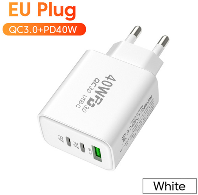 PD 60W 빠른 USB 충전 충전기 3 포트 iPhone 14 13 용 EUUS 플러그 벽 충전기 어댑터 Huawei Samsung USB C, Eu