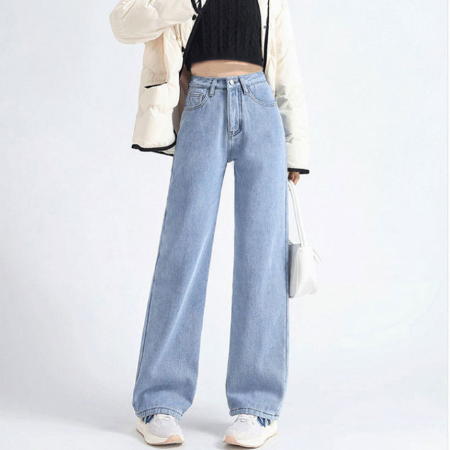 SAHINER 겨울 여성 하이웨스트 와이드핏 루즈핏 기모 데님 팬츠 BNZ62