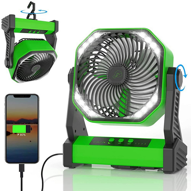 Gewanolla LED 조명이 있는 휴대용 충전식 팬 20000mAh 배터리 전원 캠프 팬 후크 포함 270° 피벗 4가지 속도 캠핑 낚시 정전 바베큐 작업, 초록색