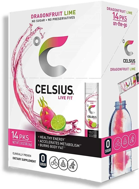 [Celsius] 셀시어스 라이브 핏 온 더 고 에센셜 에너지 파우더(무설탕) 14개입 (드래곤프룻츠라임맛), 71.5g, 1개 - 쿠팡