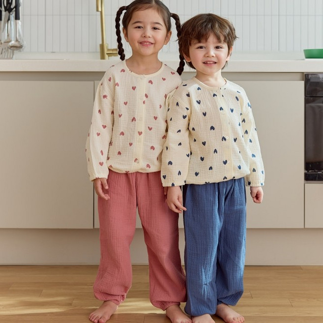 아이숲 아동용 아사면 하트 거즈요루셋업 상하의 세트