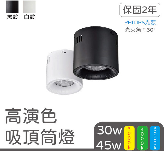 LED吸頂筒燈 高演色聚光 飛利浦光源 41352 41353, 45W黑殼,6000K 白光