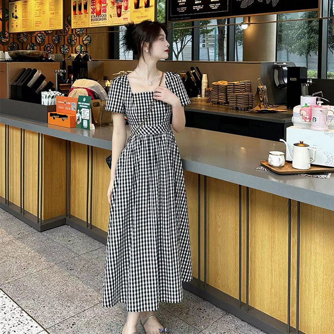 ZIGODAG 여성용 체크무늬 스퀘어 넥 A라인 드레스 폴리에스터 직조 긴팔 미디 드레스 봄 여름 가을용 WYYYYBD72847