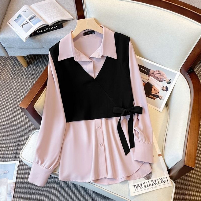 봄 여름 빅사이즈 여성용 프렌치 톱 시크 패치워크 스타일리시 여성용 의류 프렌치 패치워크 페이크 투피스 편안 분위기 고급 느낌 패턴 자신감 셔츠 출근 일상룩