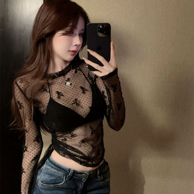 COSYEVNO 여성 여름 슬림핏 시스루 긴팔 나비패턴 탑 BCXzs-8