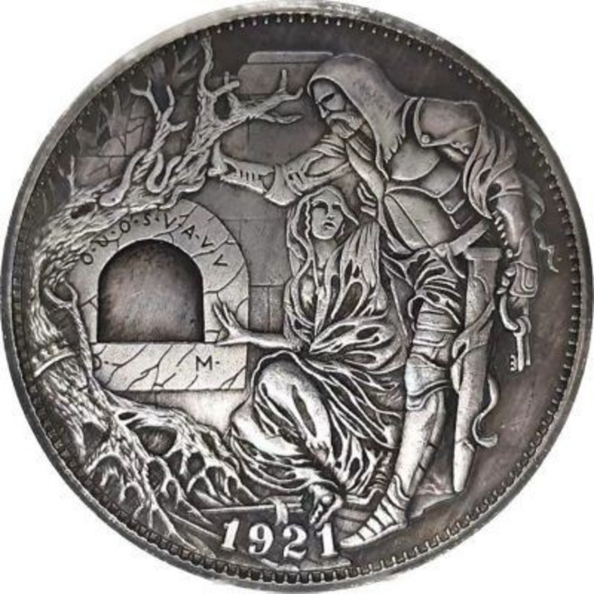 1921聖杯流浪幣 騎士拔劍 複古鍍銀銅幣 稀有可吹響銀洋錢幣, 1個, 1921聖盃流浪幣騎士拔劍複古硬幣鍍銀銅
