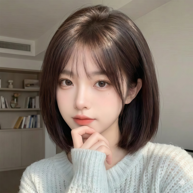 Leesheer 여성 단발 머리 100% 수제 전체가발 데일리 내추럴 통가발, 1개, 블랙