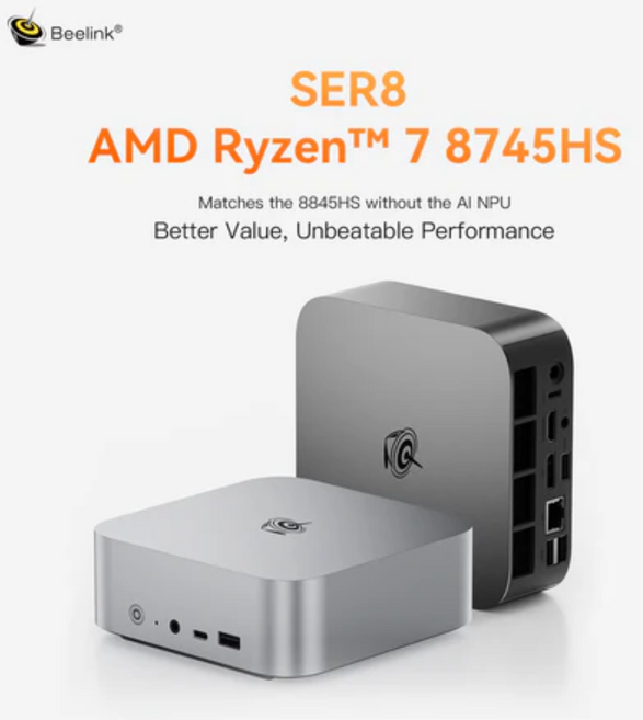 Beelink SER8 AMD 라이젠7 미니 베어본 PC 8745HS 포함, 8745HS 실버+RAM 64GB+SSD 1TB, 13.5cm