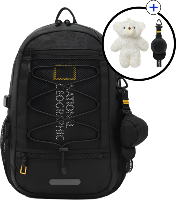 [국내매장판] 2025 내셔널지오그래픽 버디 백팩 미니 파우치 보조가방 블랙 아이보리 + 곰돌이 키링