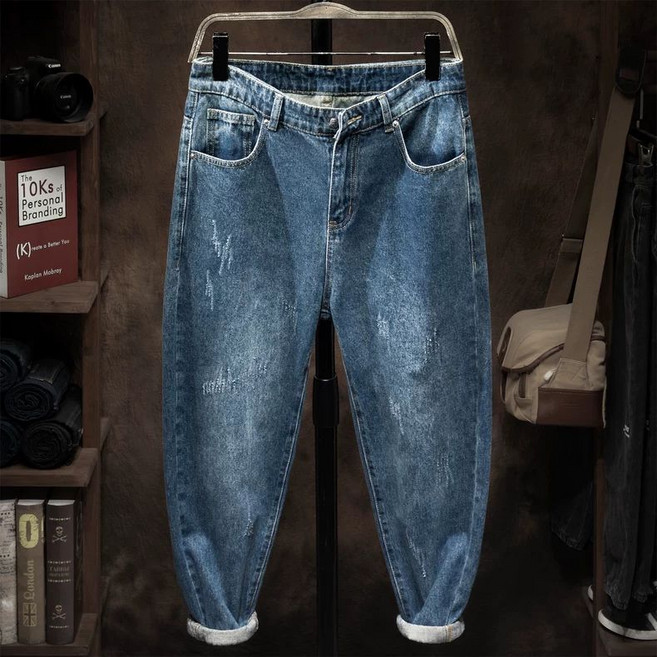 빅사이즈 남성 9부 워싱 청바지 남자 봄 가을 배기핏 데님 팬츠 바지