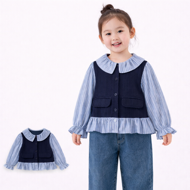 여아 프릴카라 스트라이프 니트조끼 레이어드 스타일 긴팔 상의