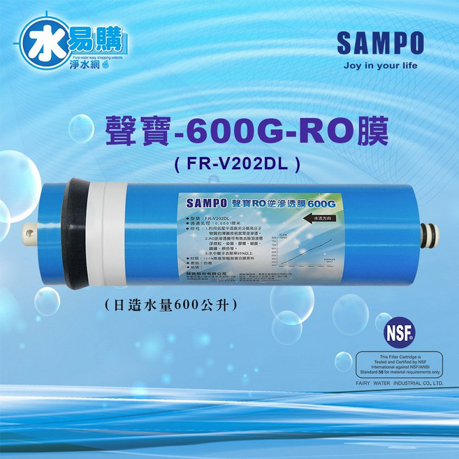 聲寶 SAMPO 600G RO 逆滲透複合膜 NSF-58認證 NSF ISO 9001認證, 1個