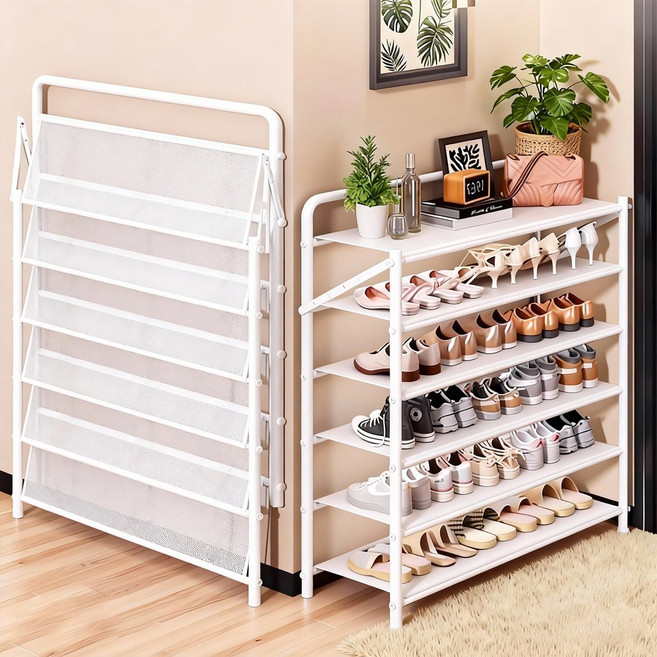 SeekFun 접이식 신발장 설치 면제 다단계 가정용 간이 현관 철제 신발 수납, 6단, 화이트70