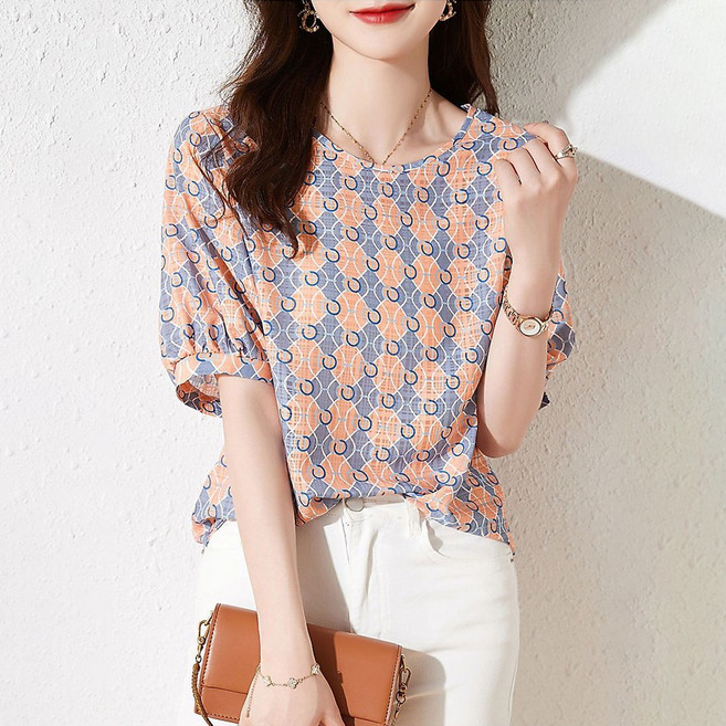 WANGBAIWAN 여성 라운드넥 반팔 블라우스 프린트 뱃살가림 데일리 벌룬 쉬폰 블라우스 남방 S042631