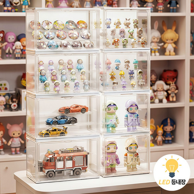 Curious Pony 피규어 장식장 led 투명 아크릴 케이스 탈부착 가능한 계단형 선반, 4개