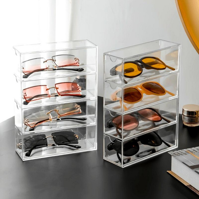 깔끔한 수납 먼지 방지 투명 아크릴 서랍형 안경 보관함 4단 오거나이저, 1개, 투명 17.5*6.3*6cm