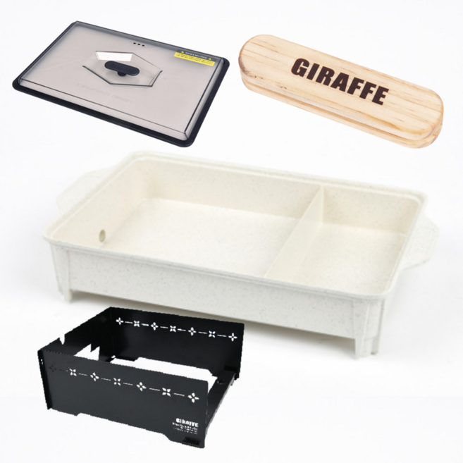 지라프 코베아 구이바다 호환 M 트윈 전골팬 코팅 그리들 캠핑 구이 불판 반반그리들 반반전골팬, 1개, 트윈 M 아이보리+우드 손잡이+전골팬 뚜껑+바람막이