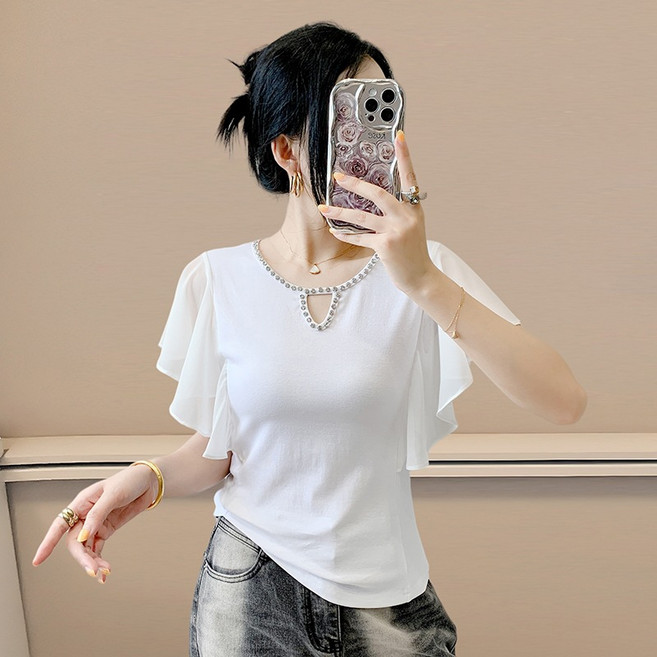 댄스복 상의 여성용 라운드 스터드 시폰 패치 반팔 티셔츠 뉴타임즈Women's T-shirt