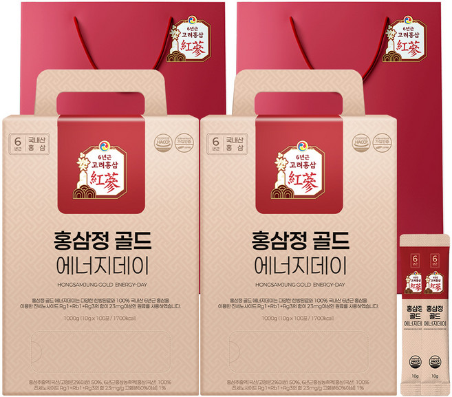 1+1 홍삼정 골드 6년근 프리미엄 100회분 대용량 쇼핑백 선물세트 에너지데이, 2개, 1L