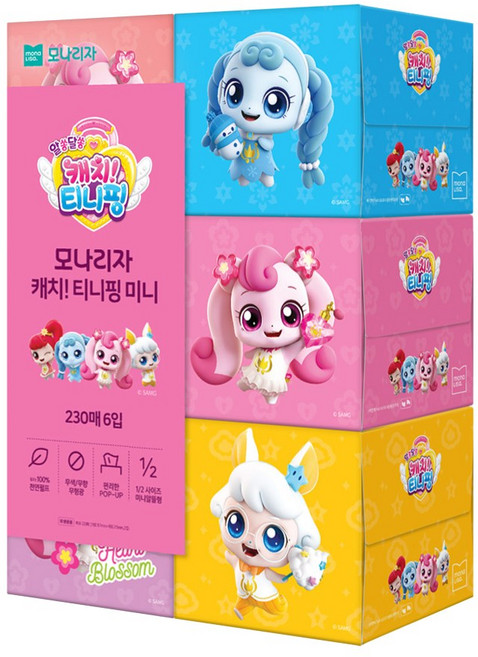 모나리자 캐치! 티니핑 미니 미용티슈 천연펄프, 230매, 6개